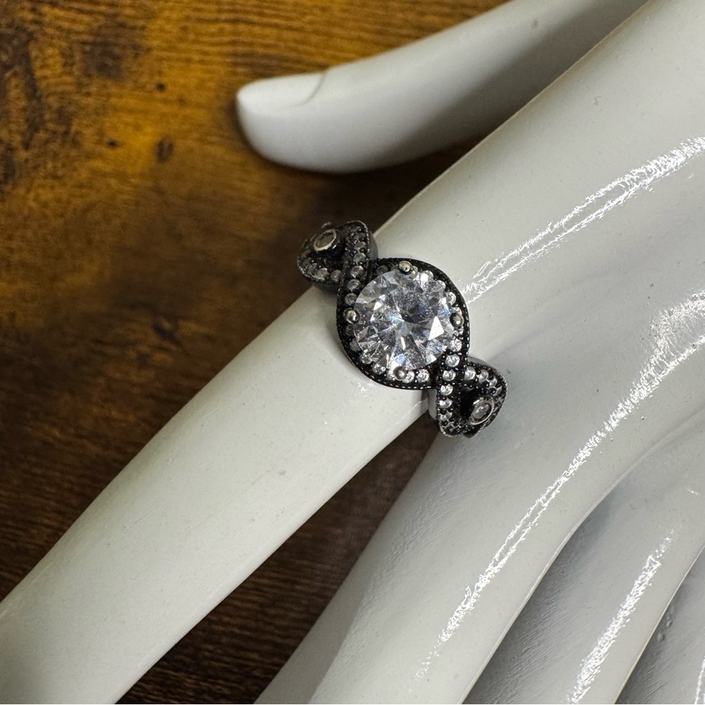 Black Plated Ring Twisted Engagement size 8.25 Stamped 925 As Is